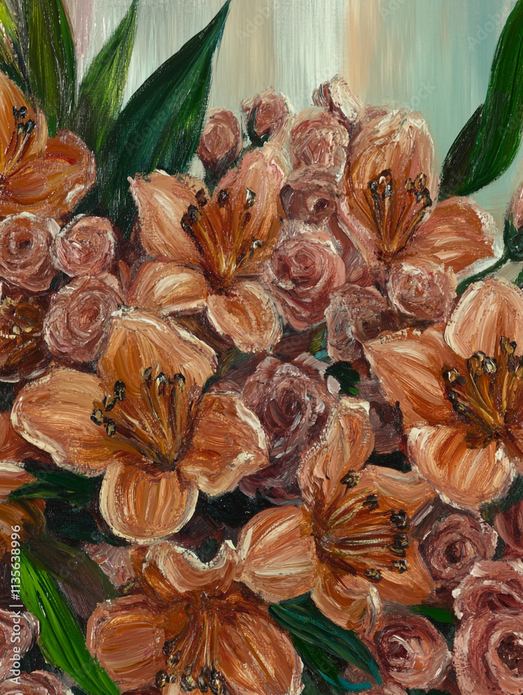 Fototapeta premium Oil Painting of Peach Lilies and Roses Bouquet