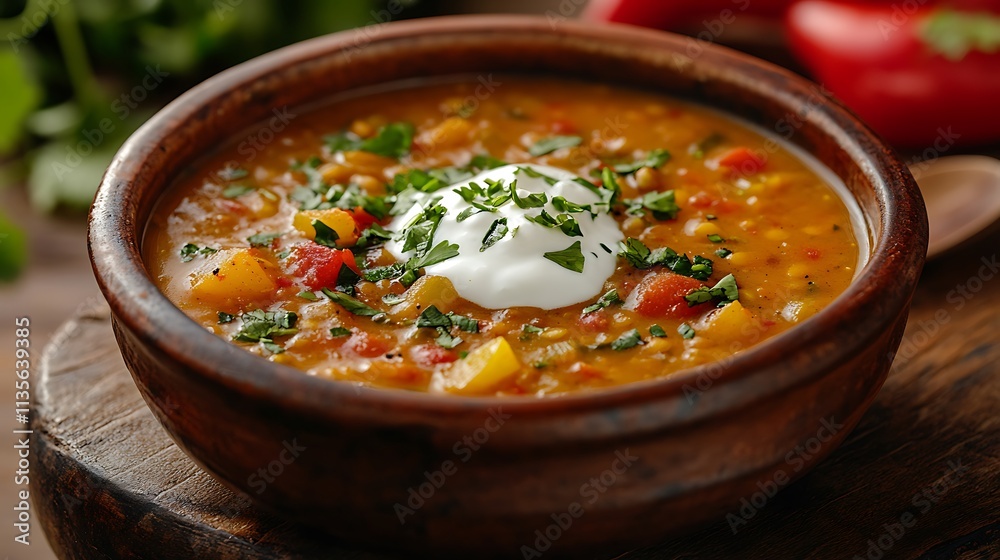 A side-angle shot of a bowl of rich lentil soup with chunks of roasted seasonal vegetables, served with a dollop of vegan yogurt and sprinkled with fresh cilantro, A side-angle shot of a bowl of rich lentil soup with chunks of roasted seasonal vegetables, served with a dollop of vegan yogurt and sprinkled with fresh cilantro,