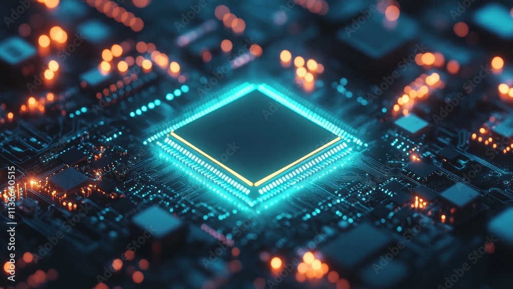 Close up view of a modern microprocessor on a circuit board Close up view of a modern microprocessor on a circuit board