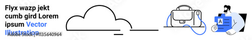 Cloud connected to an organizer with information, man holding a folder. Ideal for cloud storage, data management, business presentations, tech services, office organization, digital security