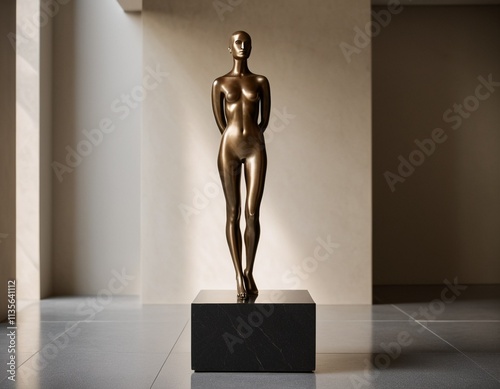 A bronze statue of a nude female figure stands on a black pedestal in a minimalist art gallery, bathed in natural light.
