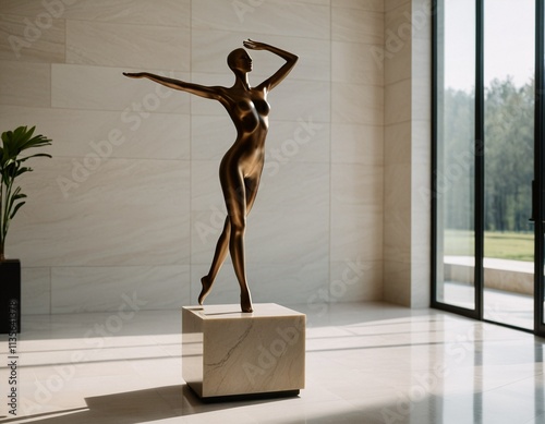 A bronze statue of a dancing woman stands on a marble pedestal in a modern room with large windows and a plant. photo