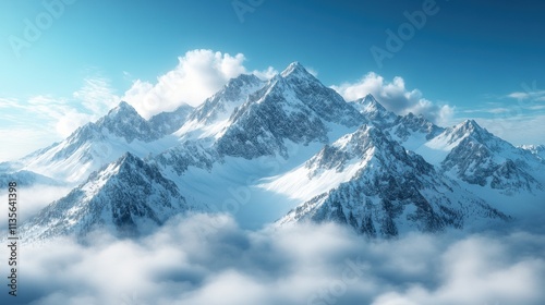 a snowy mountain range with blue sky and clouds