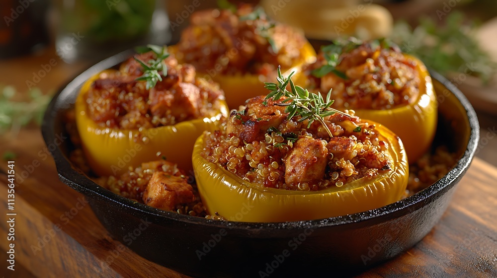 A vibrant and artistic shot of roasted stuffed bell peppers with quinoa and turkey, arranged in a cast iron skillet, garnished with sprigs of rosemary and thyme, A vibrant and artistic shot of roasted stuffed bell peppers with quinoa and turkey, arranged in a cast iron skillet, garnished with sprigs of rosemary and thyme,