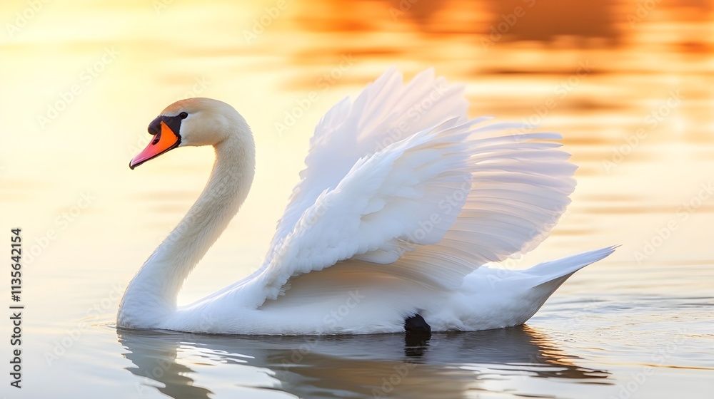 Fototapeta premium White Swan Swimming on Lake During Sunrise.