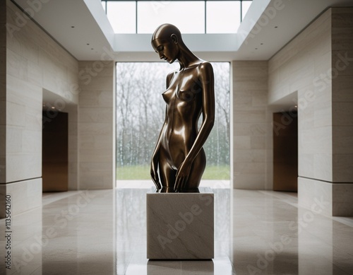 A bronze statue of a nude female figure stands on a marble pedestal in a spacious, well-lit room with large windows and a skylight. photo