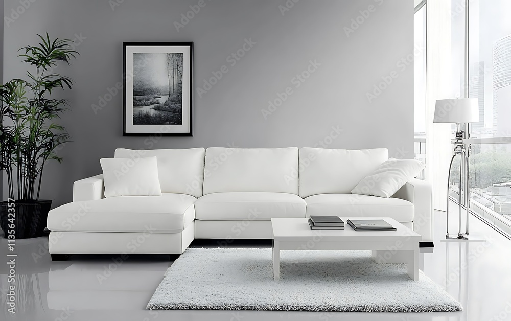Modern white sectional sofa in minimalist living room with large window, rug, and coffee table.