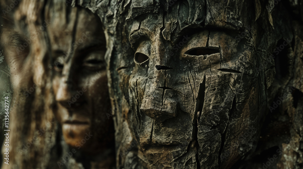 Detailed view of an intricate, carved wooden mask with a fierce, primitive expression emerging from the shadows. Ancient magic religion of a shaman Detailed view of an intricate, carved wooden mask with a fierce, primitive expression emerging from the shadows. Ancient magic religion of a shaman