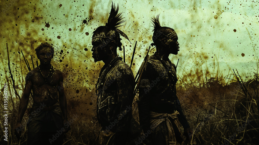 Fototapeta premium Silhouettes of three tribal black african warriors standing in a grassy, autumnal field under an ominous, stormy sky