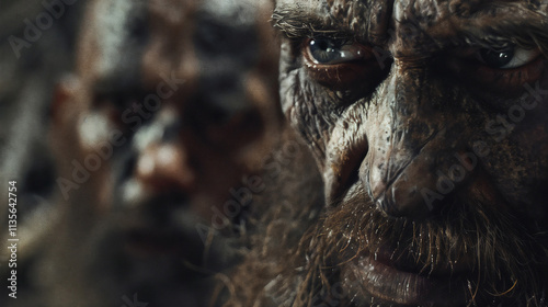 Extreme close-up of the weathered, wrinkled face of an older tribal man, his eyes gleaming with intensity. Barbarians or primitive men with beard in a hunting or war epic scene.