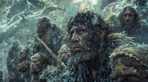 Neanderthal clan huddled together amidst a fierce snowstorm, their thick fur-lined garments and stoic expressions underscoring their resilience and adaptation to the harsh environment