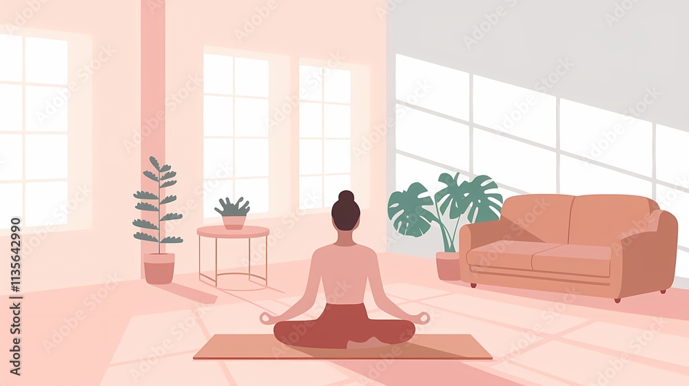 Stylized Flat Illustration of a Peaceful Home Yoga Session

