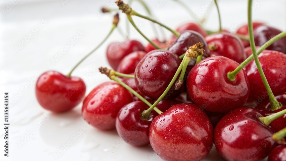 Fresh cherries with water drops on white surface, showcasing vibrant summer fruits Fresh cherries with water drops on white surface, showcasing vibrant summer fruits
