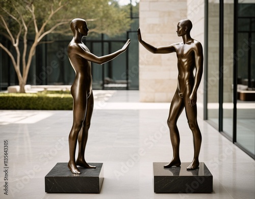 Two bronze statues of nude men in a courtyard, one with his hand raised and the other with his hand down, facing each other.