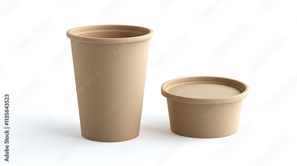 Kraft Paper Cup and Container: 3D Render of Eco-Friendly Food Packaging. AI Generated Kraft Paper Cup and Container: 3D Render of Eco-Friendly Food Packaging. AI Generated
