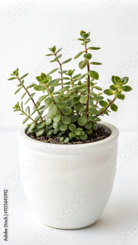 Small green succulent plant in a white pot on a light background