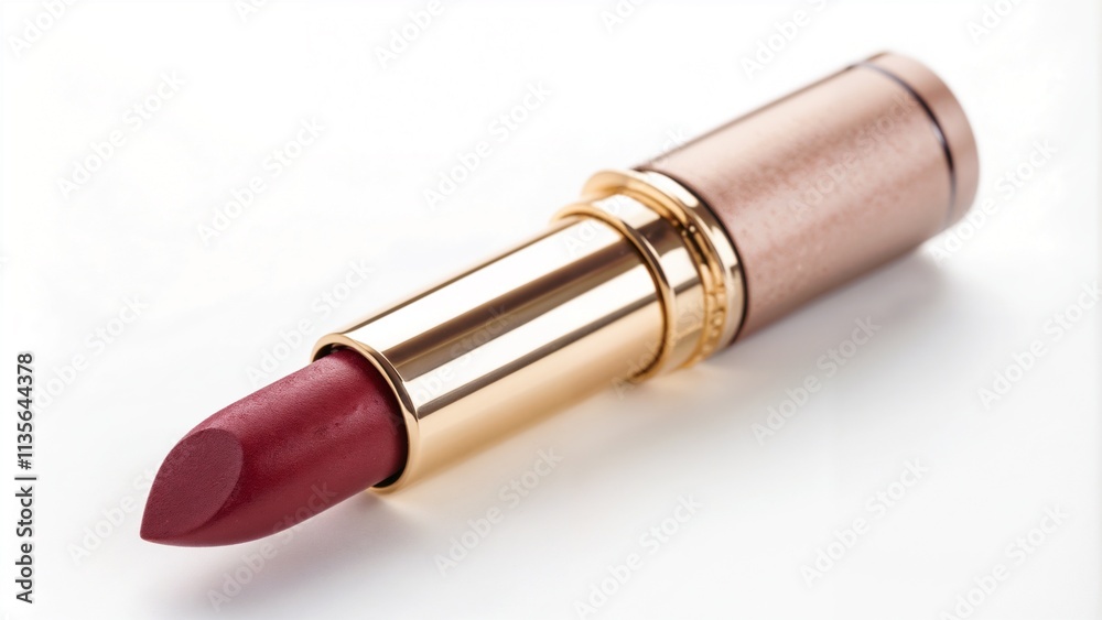 High-quality red lipstick in a shiny golden tube on a light background High-quality red lipstick in a shiny golden tube on a light background
