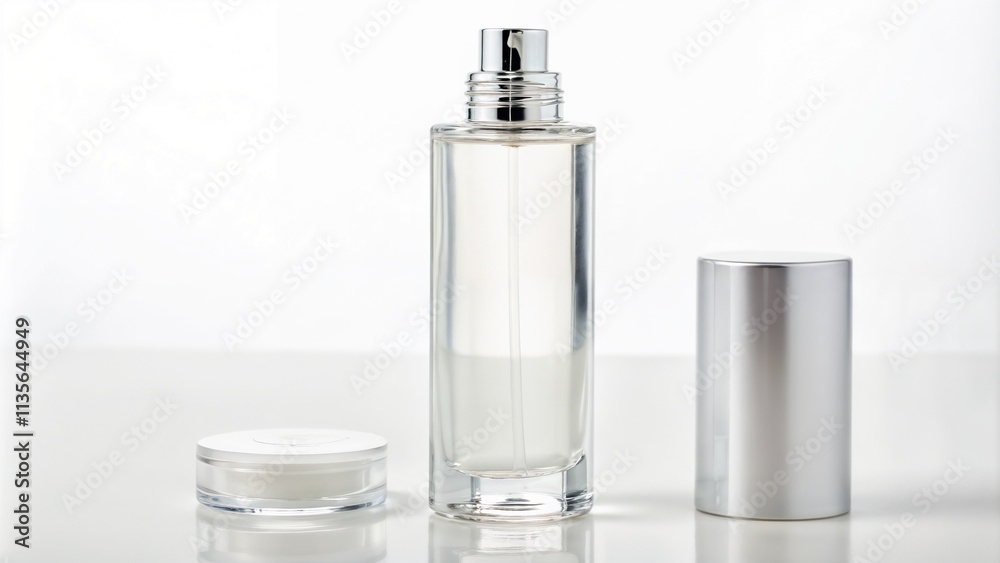 Stylish skincare bottles, including a cream jar and a transparent liquid bottle on a white background Stylish skincare bottles, including a cream jar and a transparent liquid bottle on a white background