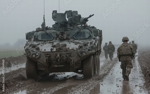 A Stryker vehicle, caked in mud, navigates a challenging terrain. Soldiers follow, showcasing resilience and determination in adverse conditions.