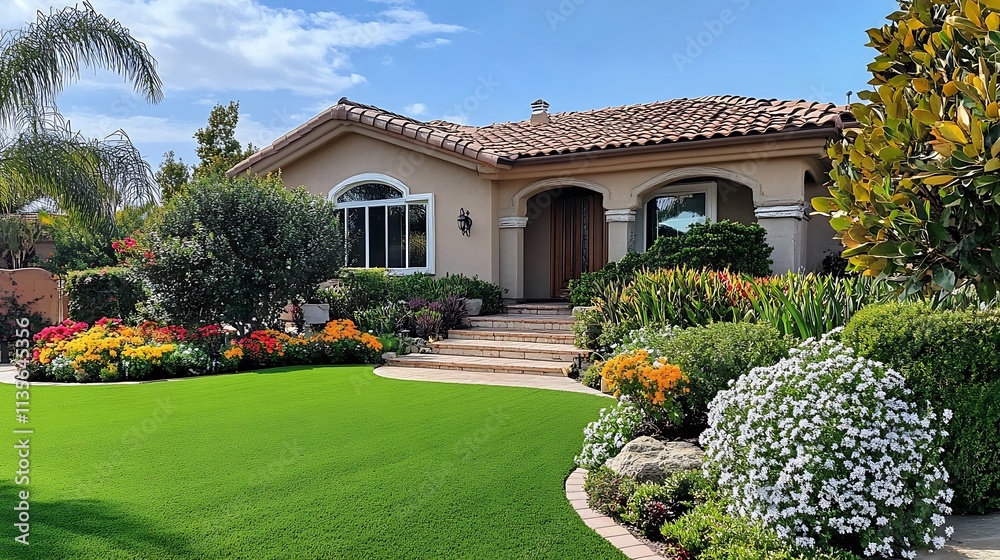 California Dream Home: Lush Landscaping on a Sunny Day. AI Generated California Dream Home: Lush Landscaping on a Sunny Day. AI Generated