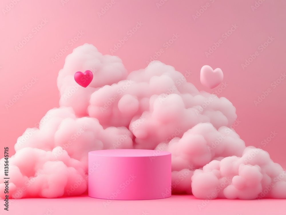 Podium valentine concept. Fluffy pink clouds with heart shapes on a soft pink background. Podium valentine concept. Fluffy pink clouds with heart shapes on a soft pink background.