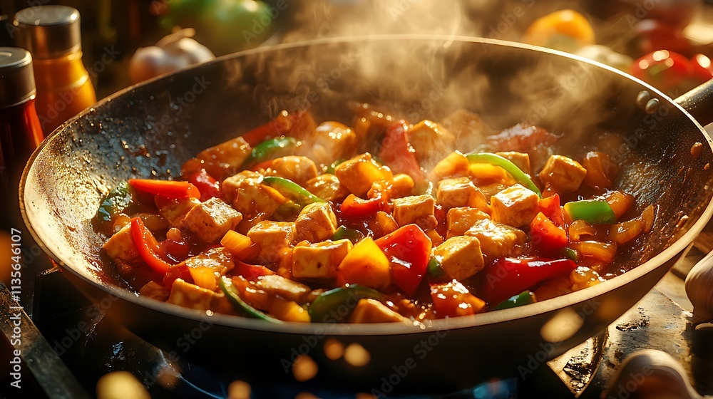 A wok filled with tofu stir-fry and colorful bell peppers, steaming and glistening with a savory glaze, surrounded by fresh ginger, garlic, and soy sauce bottles, A wok filled with tofu stir-fry and colorful bell peppers, steaming and glistening with a savory glaze, surrounded by fresh ginger, garlic, and soy sauce bottles,