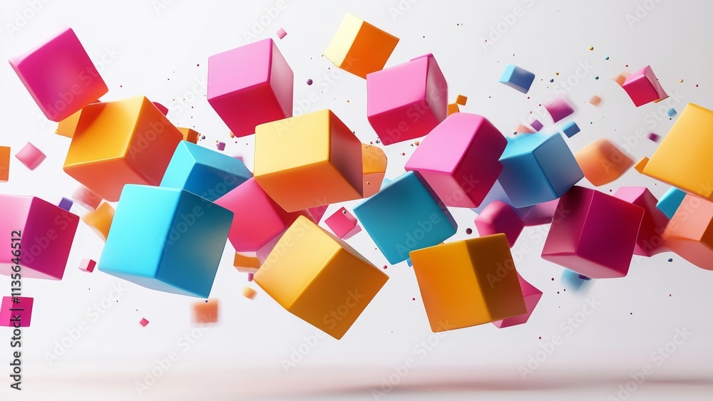 Colorful floating cubes create a dynamic abstract composition