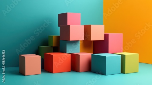 Colorful Cubes Abstract Composition: A vibrant display of geometric shapes against a teal and orange backdrop, showcasing a modern and artistic arrangement.