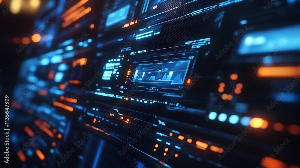 Futuristic UI display with glowing lines and data on dark backdrop. Futuristic UI display with glowing lines and data on dark backdrop.