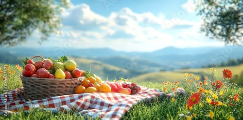 A picnic scene with a basket of fruits on a blanket in a picturesque landscape.