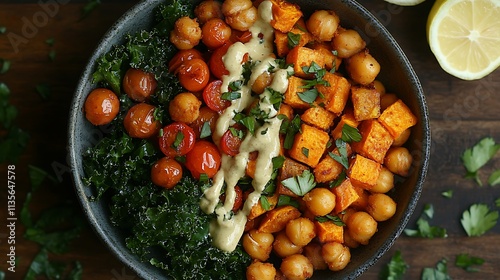 An overhead view of a Buddha bowl featuring golden roasted sweet potatoes, crispy chickpeas, kale, and cherry tomatoes, topped with a drizzle of tahini,