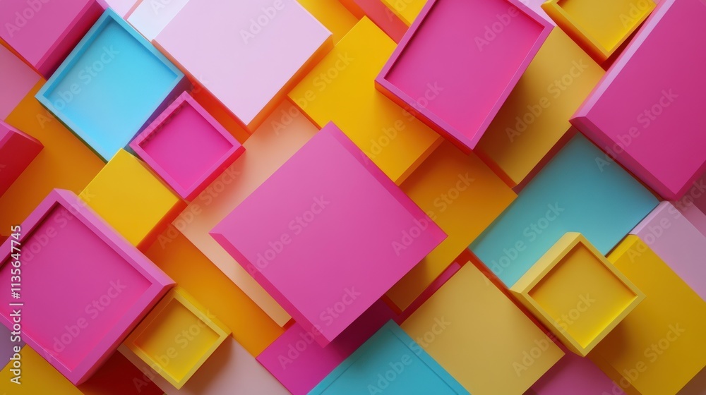 Abstract Colorful Cubes: A Vibrant 3D Geometric Pattern of Interlocking Squares in Pink, Yellow, and Blue Hues Abstract Colorful Cubes: A Vibrant 3D Geometric Pattern of Interlocking Squares in Pink, Yellow, and Blue Hues