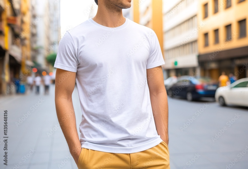 A man in a white t-shirt and yellow pants stands on a city street, with cars and buildings in the background. A man in a white t-shirt and yellow pants stands on a city street, with cars and buildings in the background.