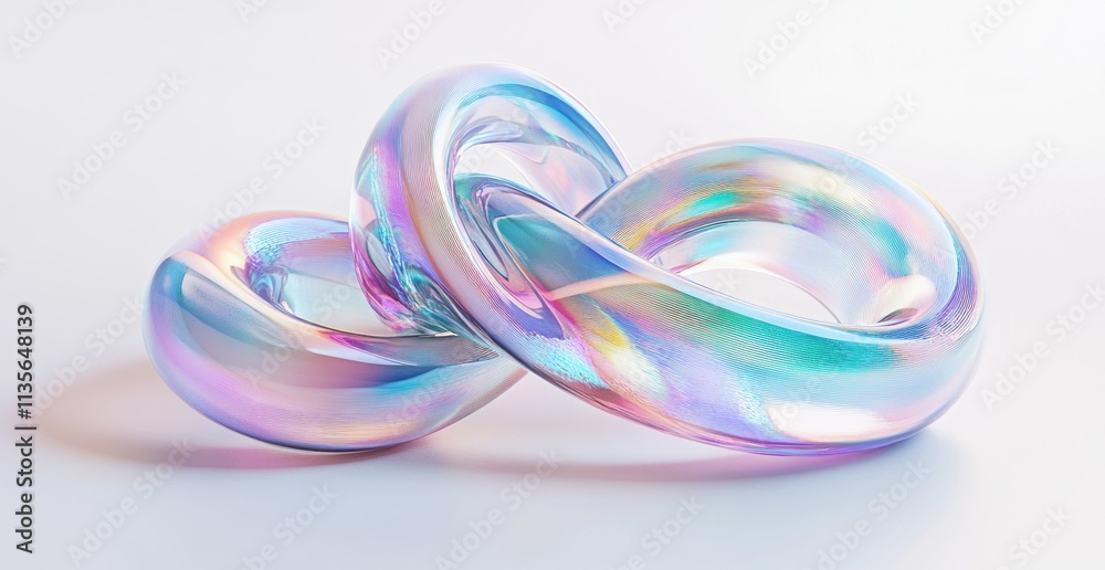 Iridescent glass rings intertwined, abstract art.