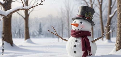 A snowman on snowy ground with a scarf and hat surrounded by snowflakes and winter decorations in a festive winter landscape