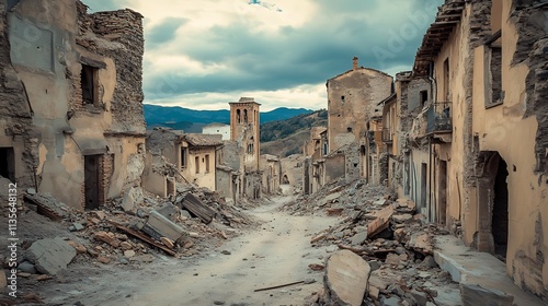 Ruined Village Street in the Spanish Pyrenees: A Post-Disaster Landscape. AI Generated