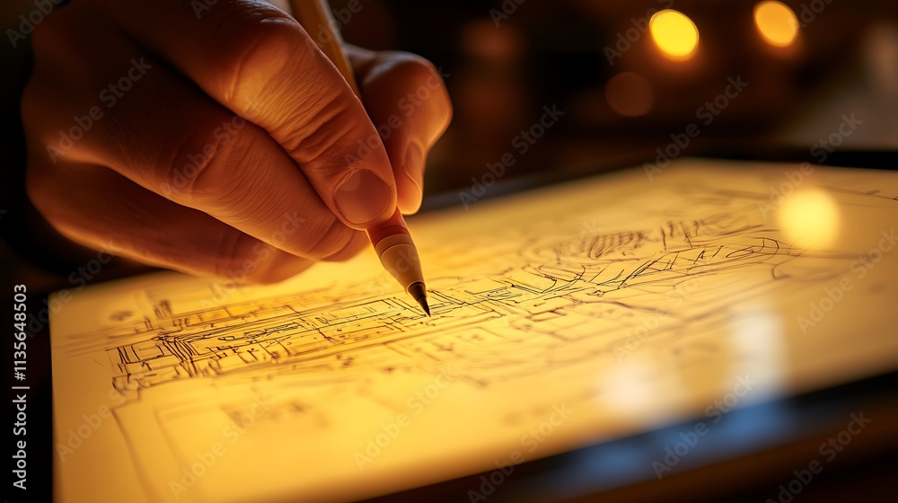 Hand drawing a sketch on a digital tablet with pencil. Hand drawing a sketch on a digital tablet with pencil.