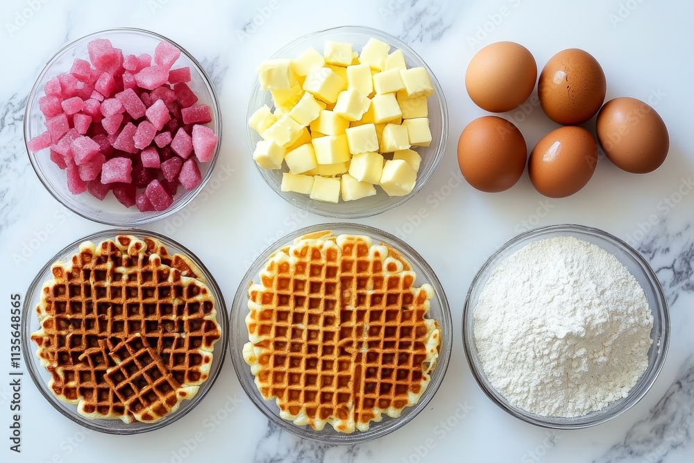 A variety of ingredients laid out for making delicious Liege waffles. The setup includes waffle bases, butter, sugar cubes, eggs, and flour for a delightful treat. A variety of ingredients laid out for making delicious Liege waffles. The setup includes waffle bases, butter, sugar cubes, eggs, and flour for a delightful treat.