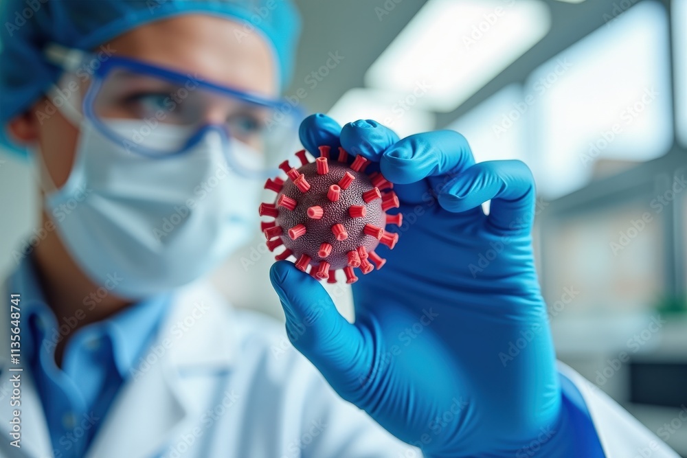 Scientist in Blue Lab Coat and Gloves Holding a Red Viral Model, Perfect for Medical and Scientific Education Materials Scientist in Blue Lab Coat and Gloves Holding a Red Viral Model, Perfect for Medical and Scientific Education Materials