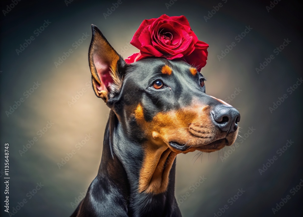 Beautiful Doberman Dog with Roses, Portrait, Copy Space