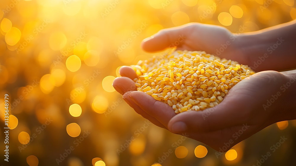 Hands holding yellow corn kernels, golden sunlit background. Hands holding yellow corn kernels, golden sunlit background.