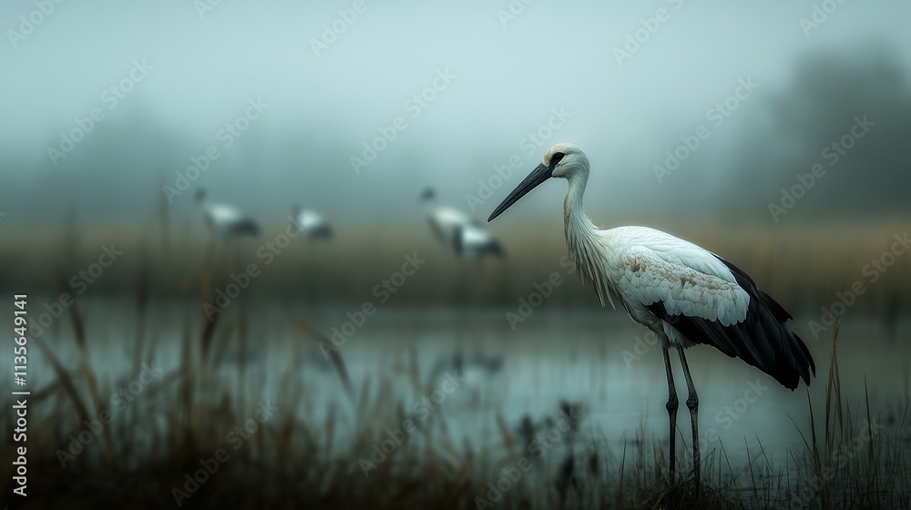 Obraz premium A solitary stork stands gracefully in a misty wetland, surrounded by blurred silhouettes of other storks.
