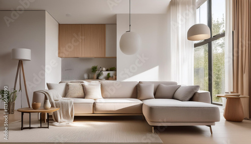 living room interior with cozy long sofa in neutral warm color tone