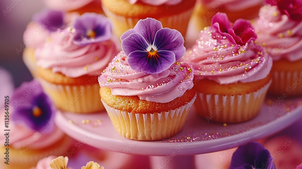 Pink cupcakes with purple pansies and pink glitter. Pink cupcakes with purple pansies and pink glitter.