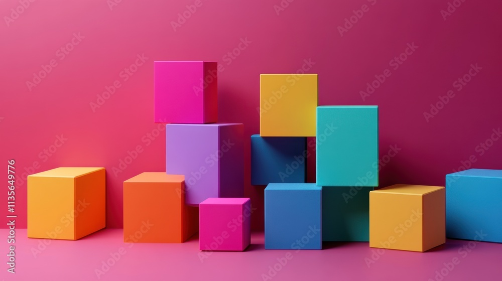 Abstract Colorful Blocks Composition: A vibrant 3D render of colorful cubes arranged against a pink backdrop, showcasing diverse shapes and colors. Abstract Colorful Blocks Composition: A vibrant 3D render of colorful cubes arranged against a pink backdrop, showcasing diverse shapes and colors.