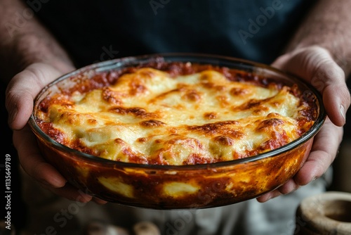 A delicious serving of manicotti, a classic Italian dish, is beautifully presented in a glass dish, showcasing melted cheese and rich tomato sauce. Perfect for a cozy meal. photo