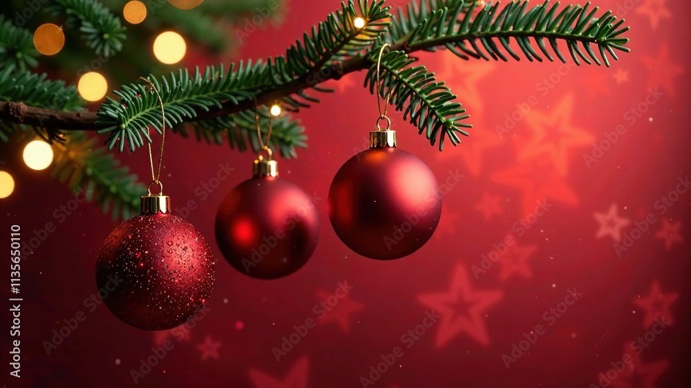 Obraz premium Christmas Ornaments Red Background AI Art, Festive Hanging Decor, Holiday Season Visuals