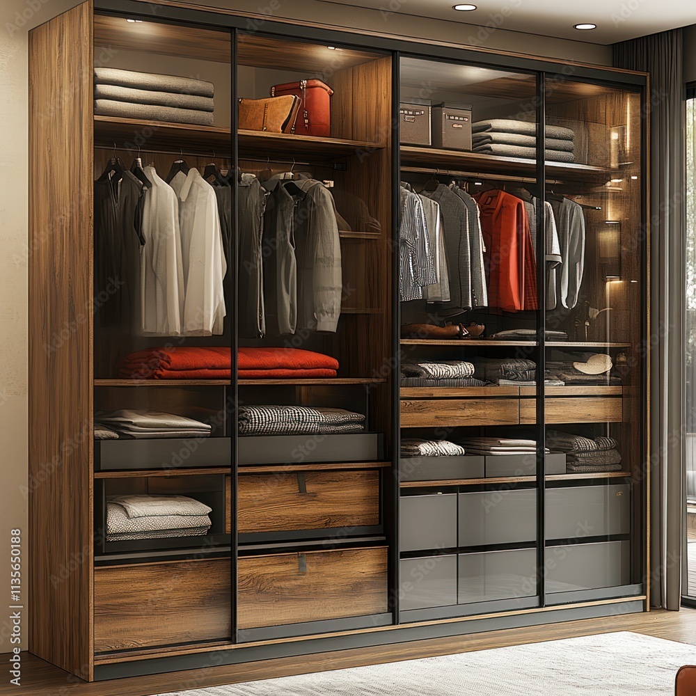 Modern sliding door wardrobe with glass panels, wooden frame, and internal storage. Modern sliding door wardrobe with glass panels, wooden frame, and internal storage.