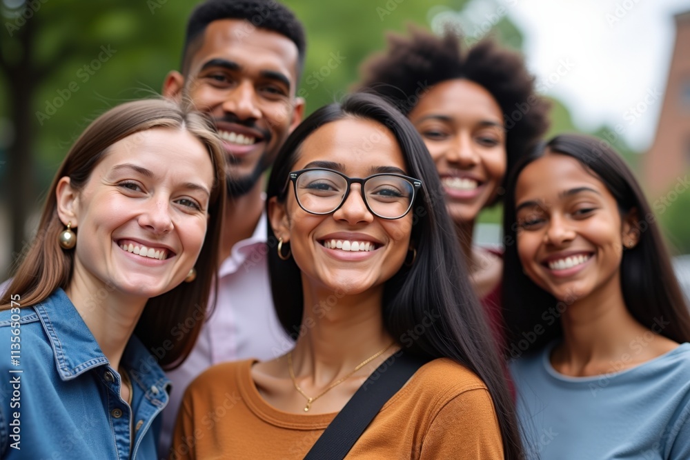 Diverse Group of Young Adults Smiling Together Outdoors - Perfect for Team Building, Diversity, and Inclusivity Campaigns Diverse Group of Young Adults Smiling Together Outdoors - Perfect for Team Building, Diversity, and Inclusivity Campaigns