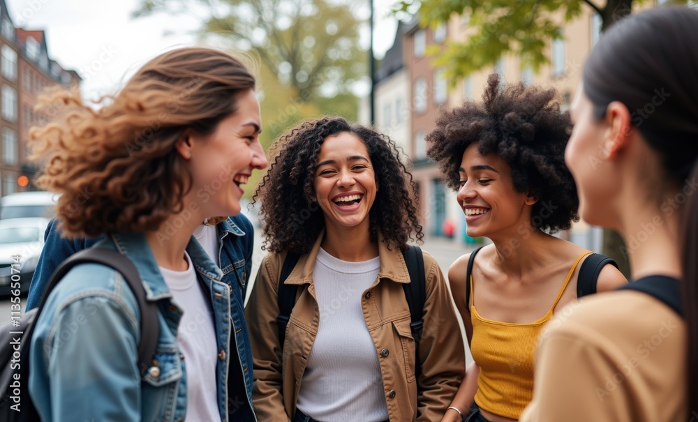Four Young Women Laughing Together on a City Street, Perfect for Social Media Campaigns, Advertisements, and Promoting Friendship and Diversity Four Young Women Laughing Together on a City Street, Perfect for Social Media Campaigns, Advertisements, and Promoting Friendship and Diversity
